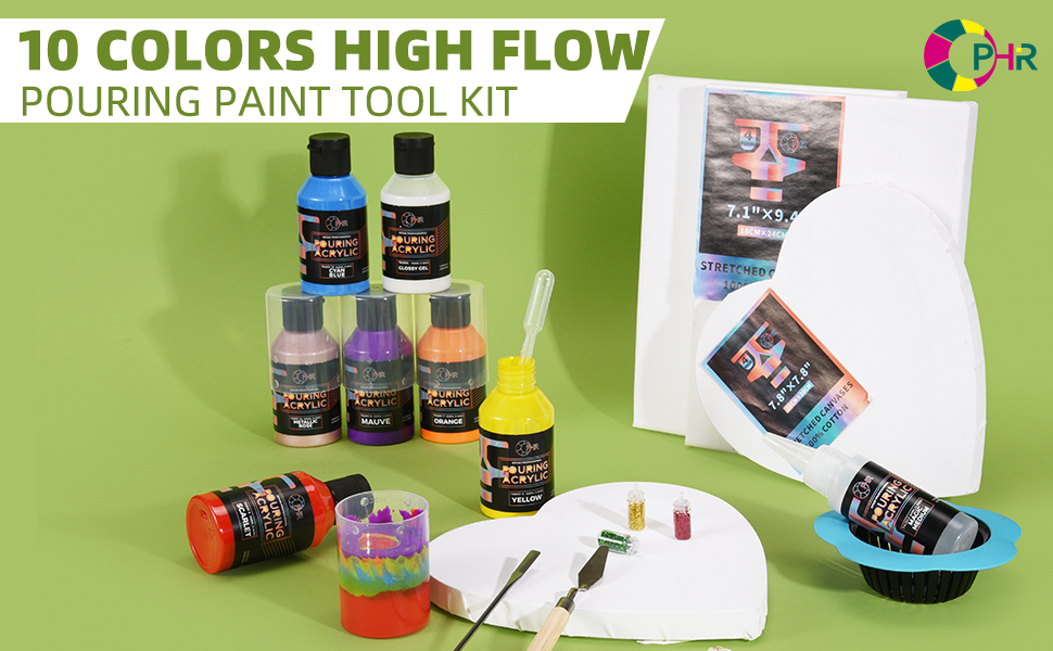 OPHIR Acrylic Pouring Paint Set 10 Colors (3.8OZ/Bottle) with Pouring Medium, 8x Paint Cotton Canvases, 12x Glitter Powder, 2x Tableclothes & Apron, 20x Gloves, High Flow Pouring Paint Supplies Tools Kit