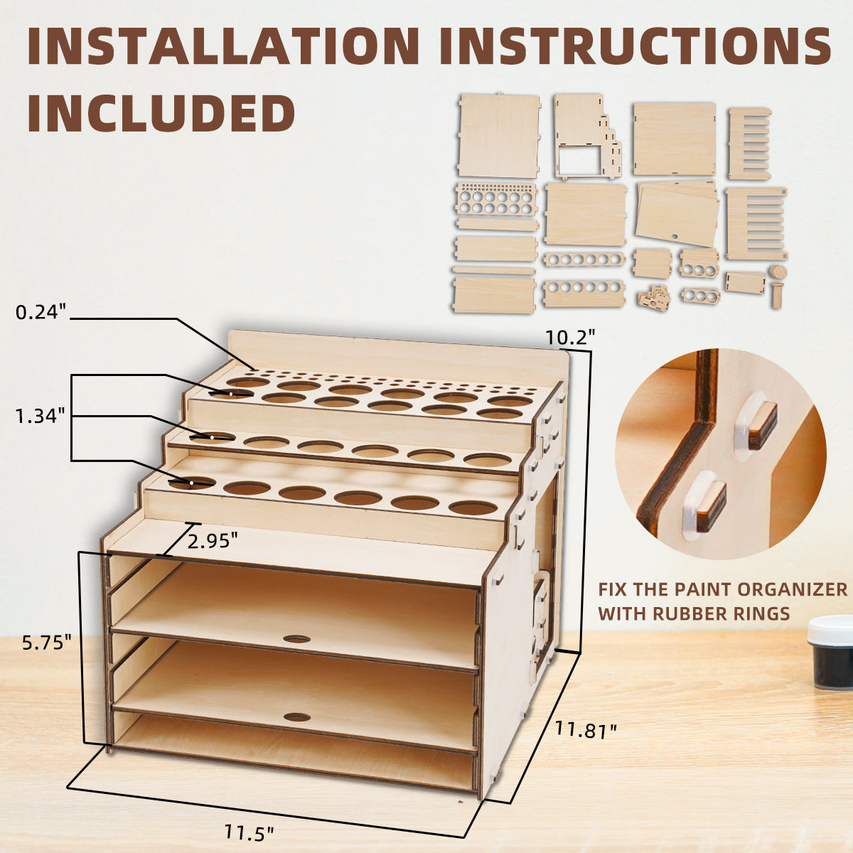 OPHIR Wooden Paint Holder, Miniature Paint Storage Rack with 36 Holes of Citadel Paints and 36 Holes of Paint Brushes, A Model Pieces Shelf for Gundam Model, Multi Layer Adjustable Large Storage Space