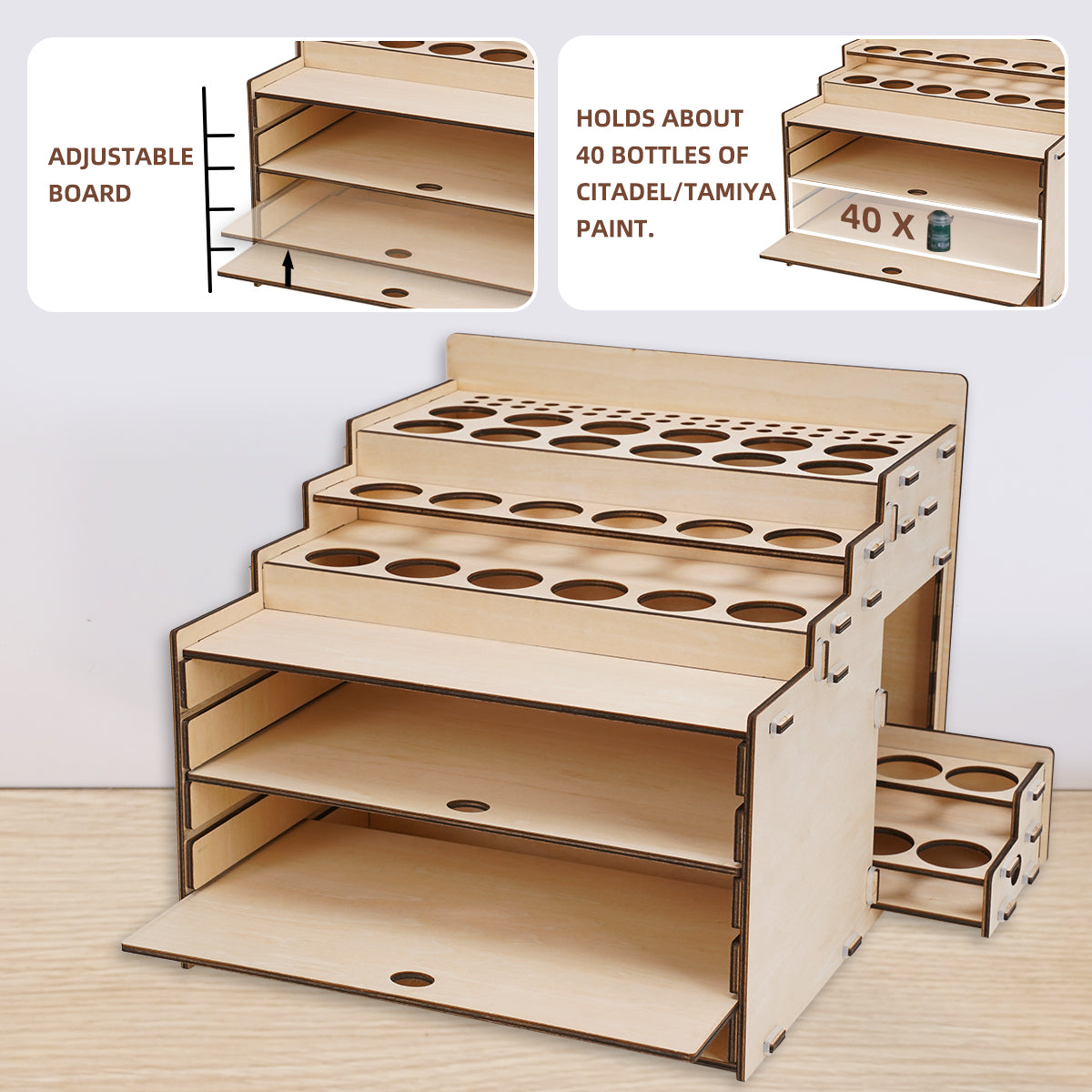 OPHIR Wooden Paint Holder, Miniature Paint Storage Rack with 36 Holes of Citadel Paints and 36 Holes of Paint Brushes, A Model Pieces Shelf for Gundam Model, Multi Layer Adjustable Large Storage Space