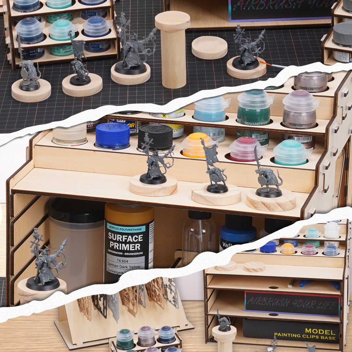 OPHIR Wooden Paint Holder, Miniature Paint Storage Rack with 36 Holes of Citadel Paints and 36 Holes of Paint Brushes, A Model Pieces Shelf for Gundam Model, Multi Layer Adjustable Large Storage Space