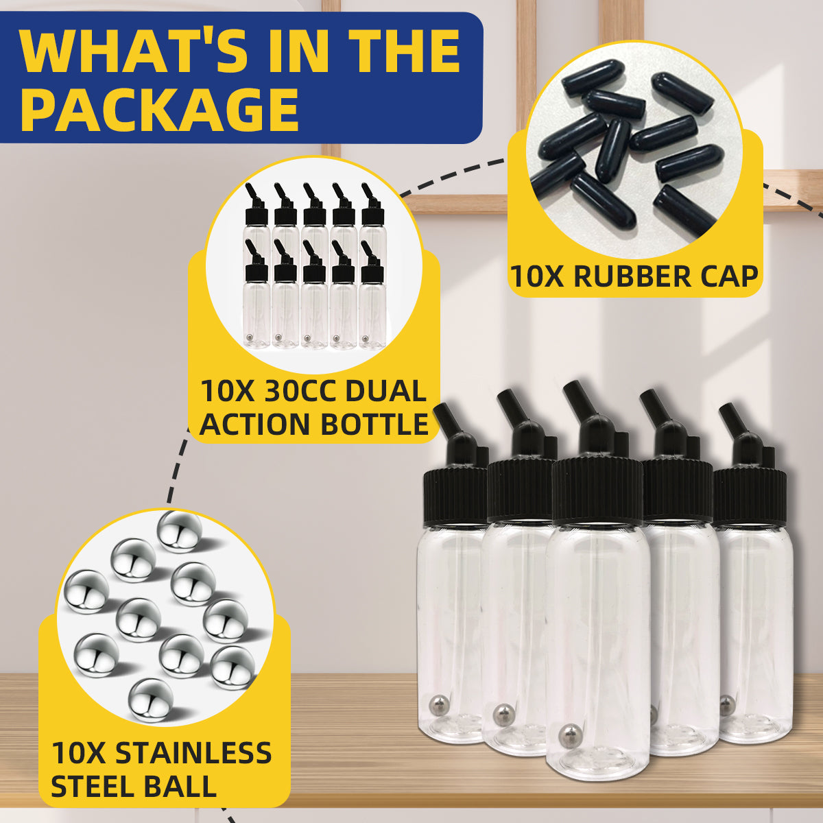 OPHIR 10X Dual-Action Siphon Bottle with Rubber Caps & Stainless Steel Balls Plastic Bottle Jars for Most of Down-Pot Airbrushes