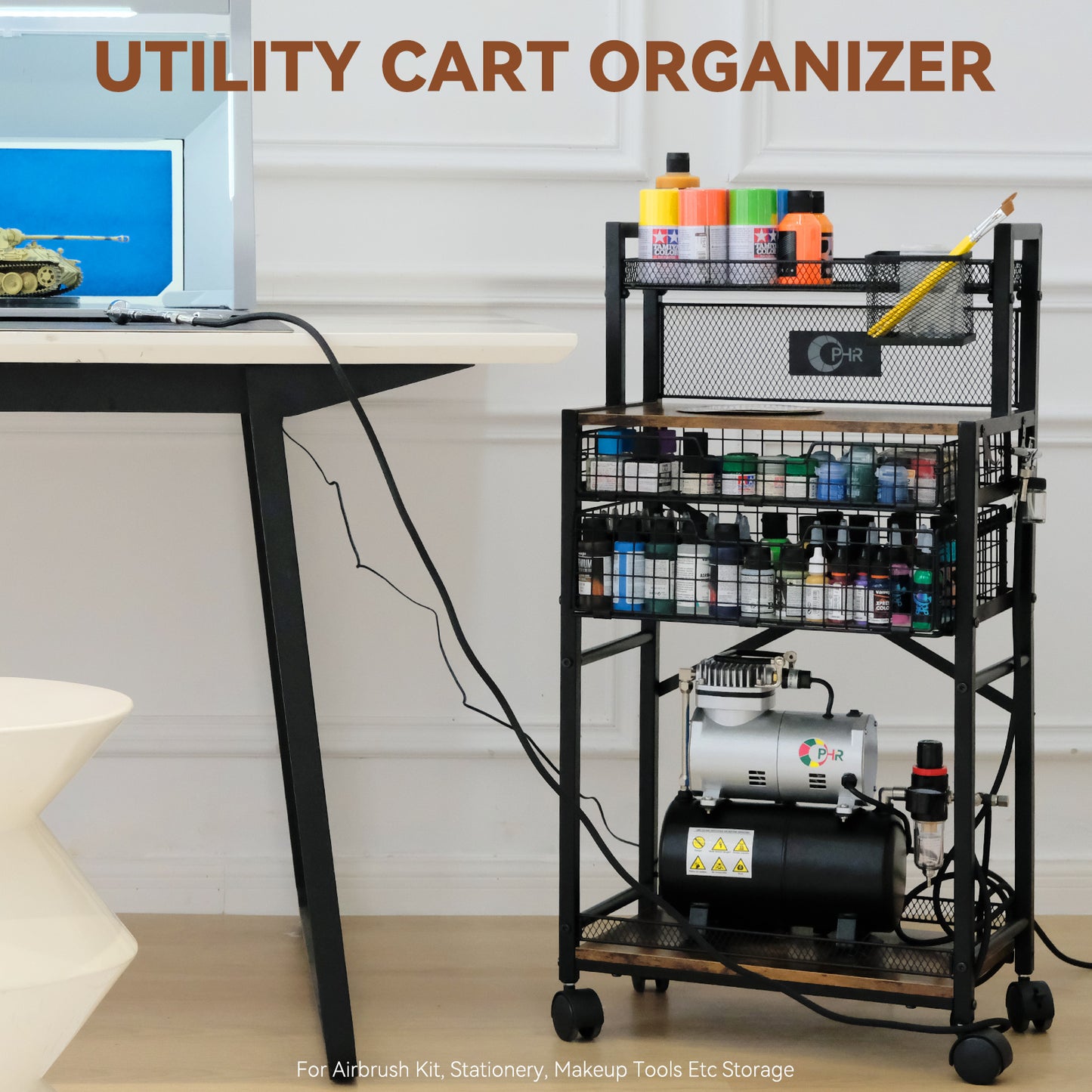 OPHIR 5 Tiers Art Cart, Airbrush Paint Storage Cart with 2 Air Brush Holders for Airbrush Compressor Kit