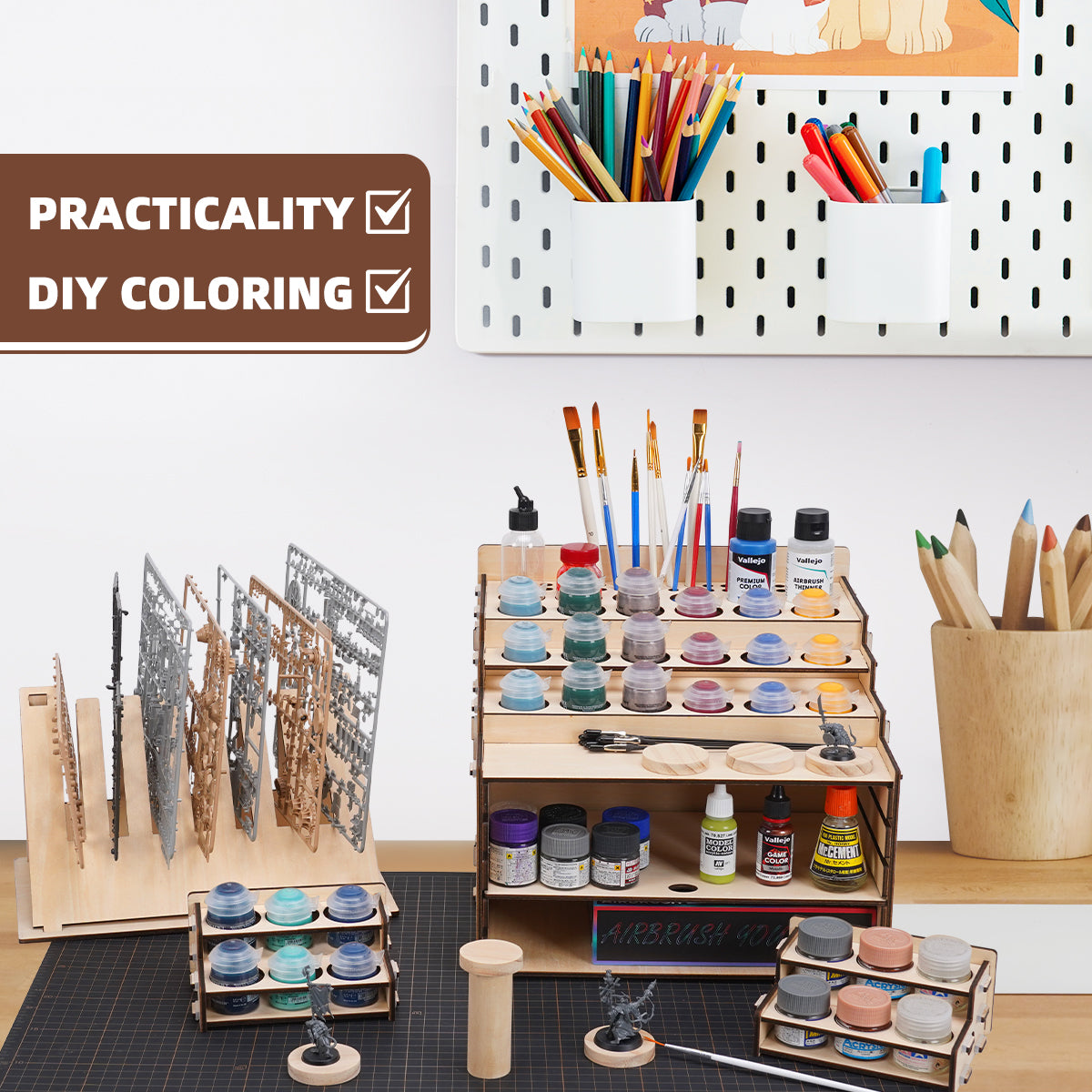 OPHIR Wooden Paint Holder, Miniature Paint Storage Rack with 36 Holes of Citadel Paints and 36 Holes of Paint Brushes, A Model Pieces Shelf for Gundam Model, Multi Layer Adjustable Large Storage Space