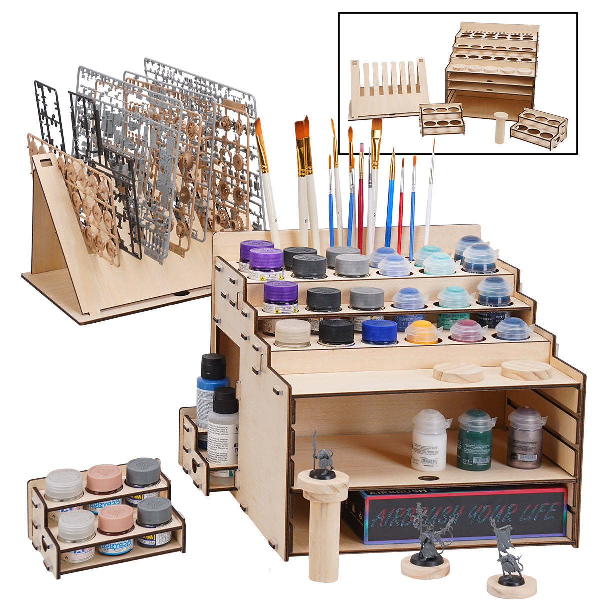 OPHIR Wooden Paint Holder, Miniature Paint Storage Rack with 36 Holes of Citadel Paints and 36 Holes of Paint Brushes, A Model Pieces Shelf for Gundam Model, Multi Layer Adjustable Large Storage Space