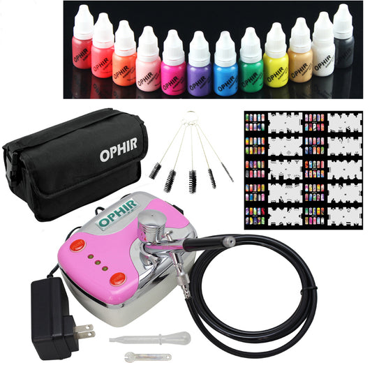 OPHIR Professional 0.3mm Airbrush Body Painting Art Painting Kit for Nail Art Airbrushing with 12 Colour Ink 10ml/Bottle 20x Template