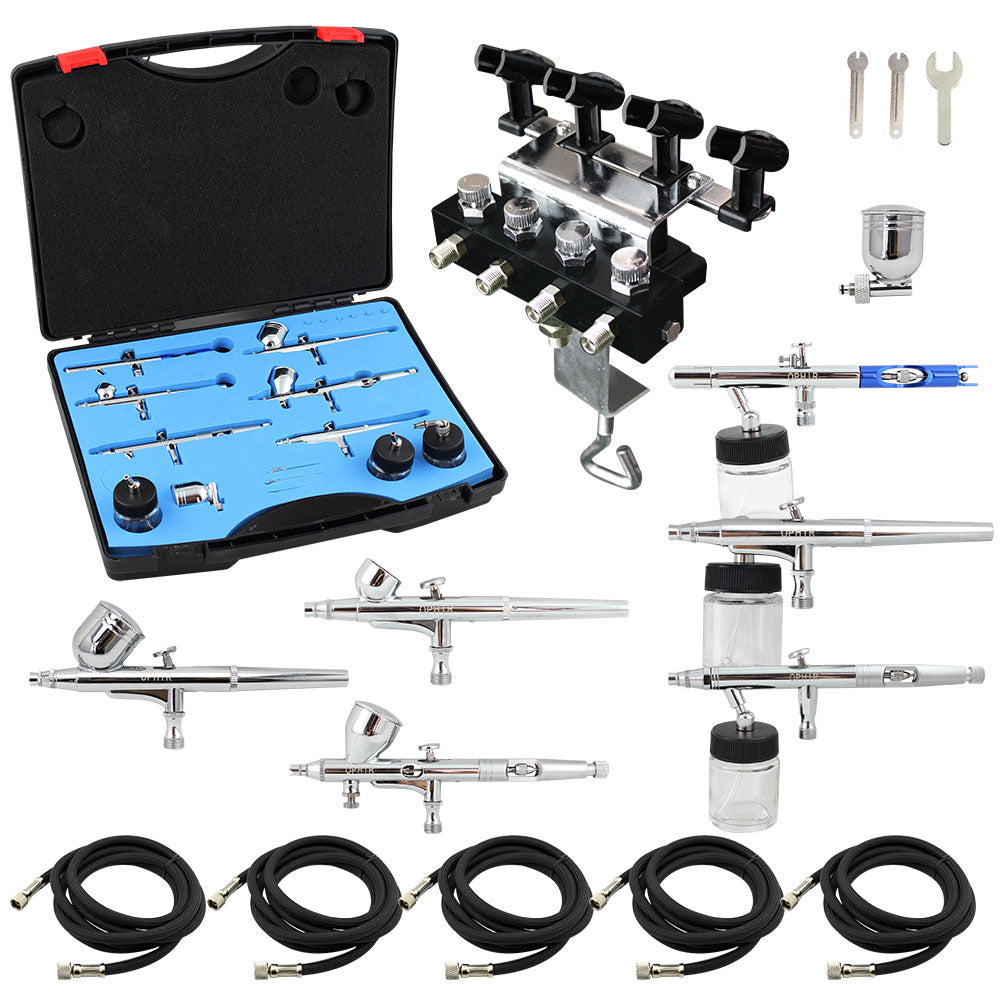 OPHIR Dual Action Body Model Airbrush Kit with Airbrush Holders and 1/8 & 1/8 Air Hose Splitter Set Adjustable
