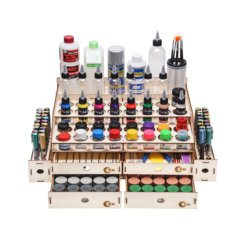 OPHIR Wooden Paint Rack Pigment Inks Storage Organizer with 32 Bottle Holes, 36 Marker Pen Cases, 4 Cabinet Drawers