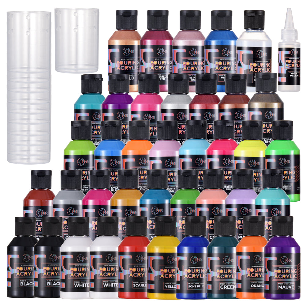 OPHIR 36 Colors Professional Acrylic Pouring Paint Set, 40 Bottles Set, High Flow Acrylic Paint for Canvas, Wood, Glass, Paper, Tile, Stones 3.8OZ/Bottles