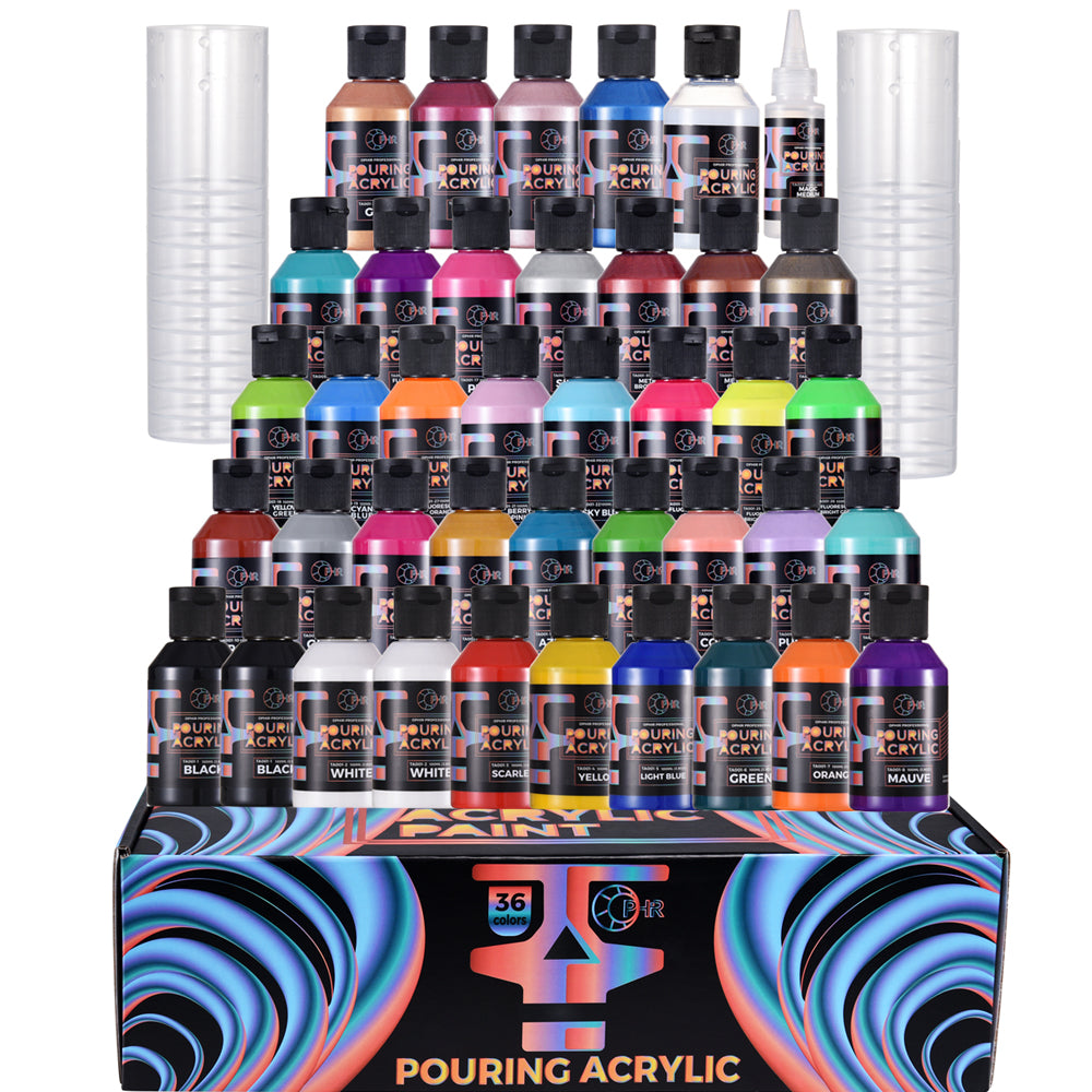 OPHIR 36 Colors Professional Acrylic Pouring Paint Set, 40 Bottles Set, High Flow Acrylic Paint for Canvas, Wood, Glass, Paper, Tile, Stones 3.8OZ/Bottles