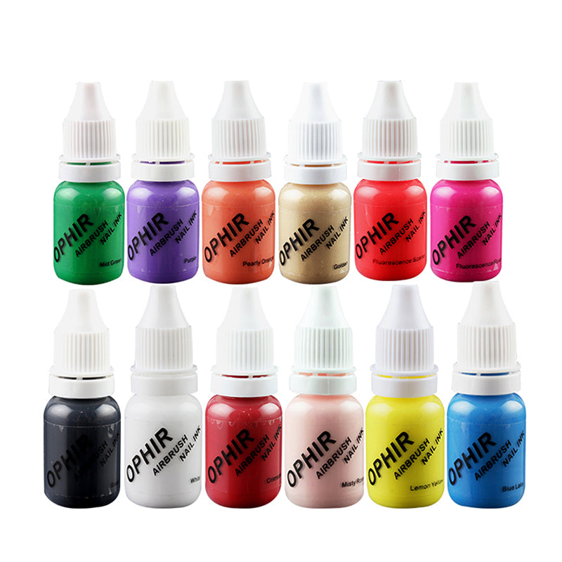OPHIR Professional 0.3mm Airbrush Body Painting Art Painting Kit for Nail Art Airbrushing with 12 Colour Ink 10ml/Bottle 20x Template