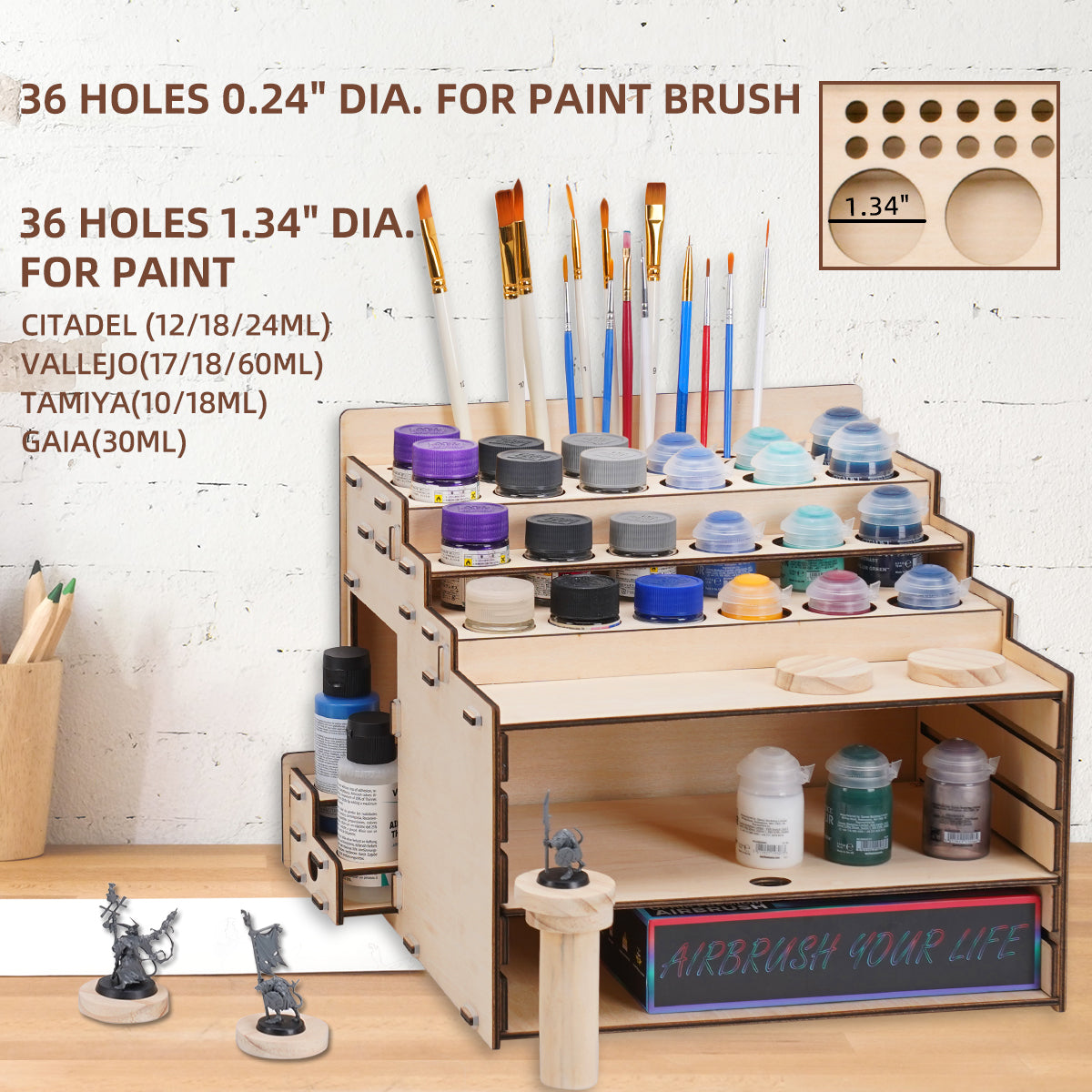OPHIR Wooden Paint Holder, Miniature Paint Storage Rack with 36 Holes of Citadel Paints and 36 Holes of Paint Brushes, A Model Pieces Shelf for Gundam Model, Multi Layer Adjustable Large Storage Space