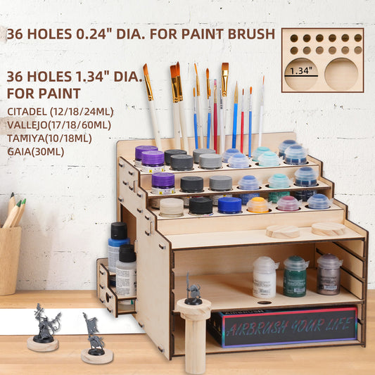 OPHIR Wooden Paint Holder, Miniature Paint Storage Rack with 36 Holes of Citadel Paints and 36 Holes of Paint Brushes, A Model Pieces Shelf for Gundam Model, Multi Layer Adjustable Large Storage Space