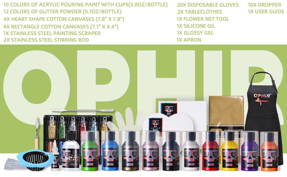 OPHIR Acrylic Pouring Paint Set 10 Colors (3.8OZ/Bottle) with Pouring Medium, 8x Paint Cotton Canvases, 12x Glitter Powder, 2x Tableclothes & Apron, 20x Gloves, High Flow Pouring Paint Supplies Tools Kit