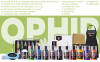 OPHIR Acrylic Pouring Paint Set 10 Colors (3.8OZ/Bottle) with Pouring Medium, 8x Paint Cotton Canvases, 12x Glitter Powder, 2x Tableclothes & Apron, 20x Gloves, High Flow Pouring Paint Supplies Tools Kit