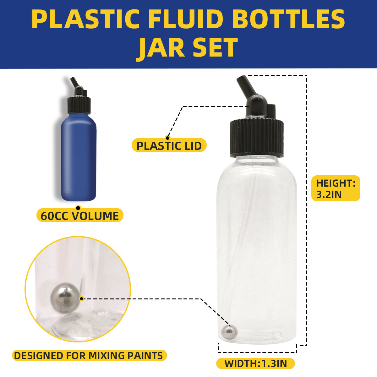 OPHIR 10X Dual-Action Siphon Bottle with Rubber Caps & Stainless Steel Balls Plastic Bottle Jars for Most of Down-Pot Airbrushes