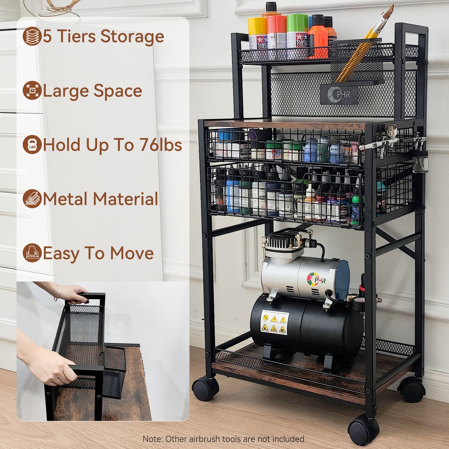OPHIR 5 Tiers Art Cart, Airbrush Paint Storage Cart with 2 Air Brush Holders for Airbrush Compressor Kit