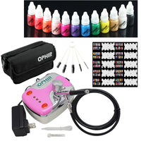 OPHIR Professional 0.3mm Airbrush Body Painting Art Painting Kit for Nail Art Airbrushing with 12 Colour Ink 10ml/Bottle 20x Template
