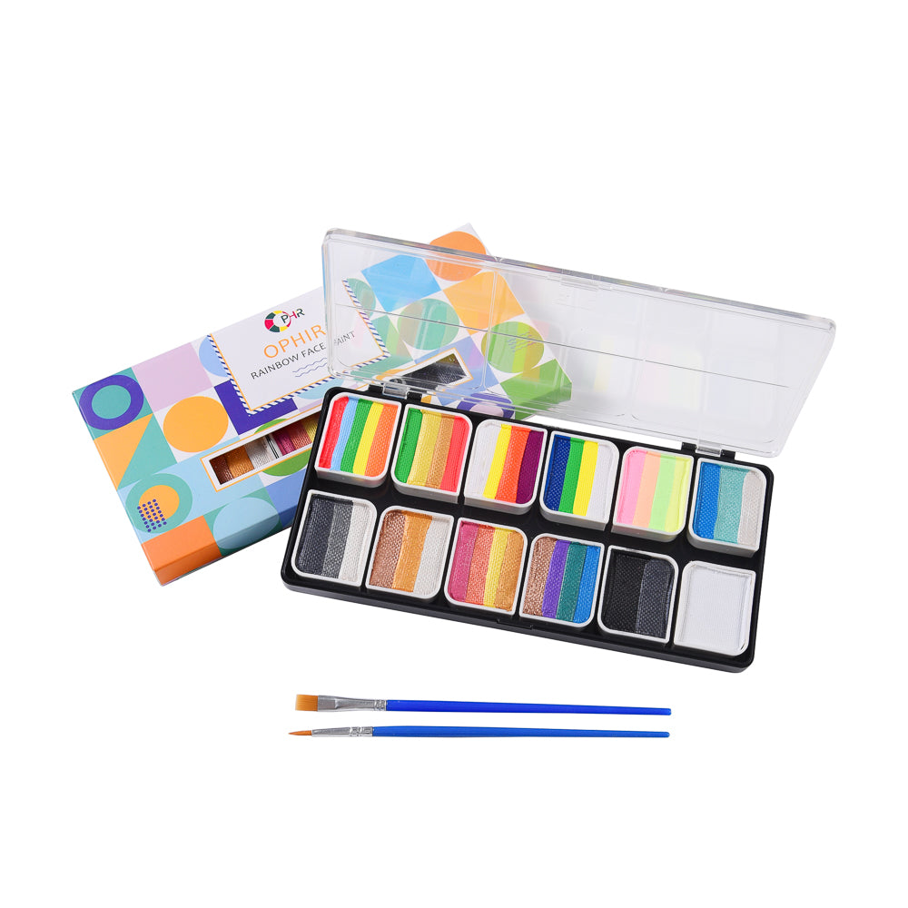 OPHIR Rainbow Face Painting Kit for Kids, Body Art Paint Palette with 2 Brushes Includes Matt, Pearly, Neon Colors 144g