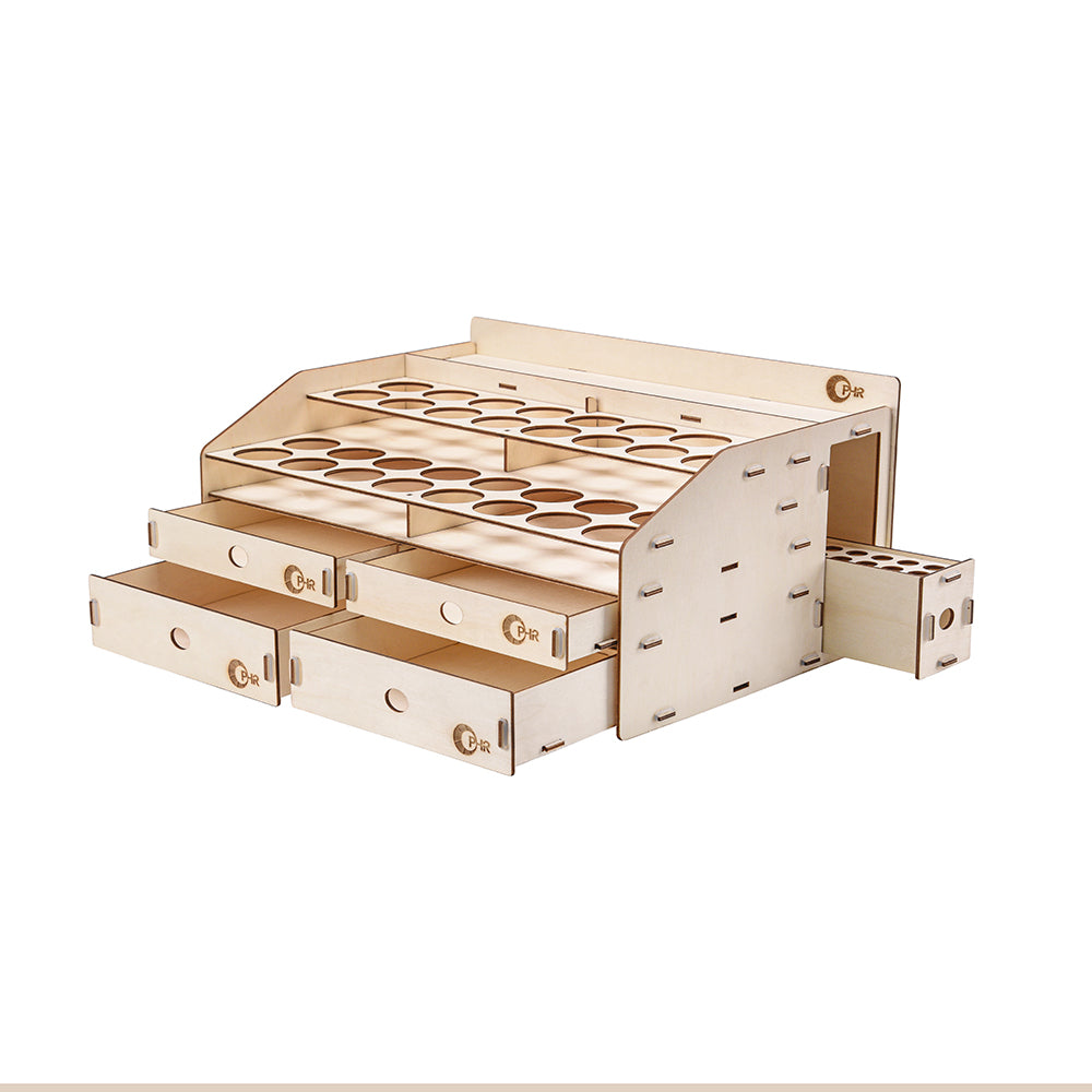 OPHIR Wooden Paint Rack Pigment Inks Storage Organizer with 32 Bottle Holes, 36 Marker Pen Cases, 4 Cabinet Drawers