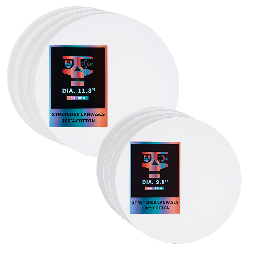 OPHIR 4x Stretched Cotton Canvas Boards Round Shape 9.8" 11.8" for Art Painting